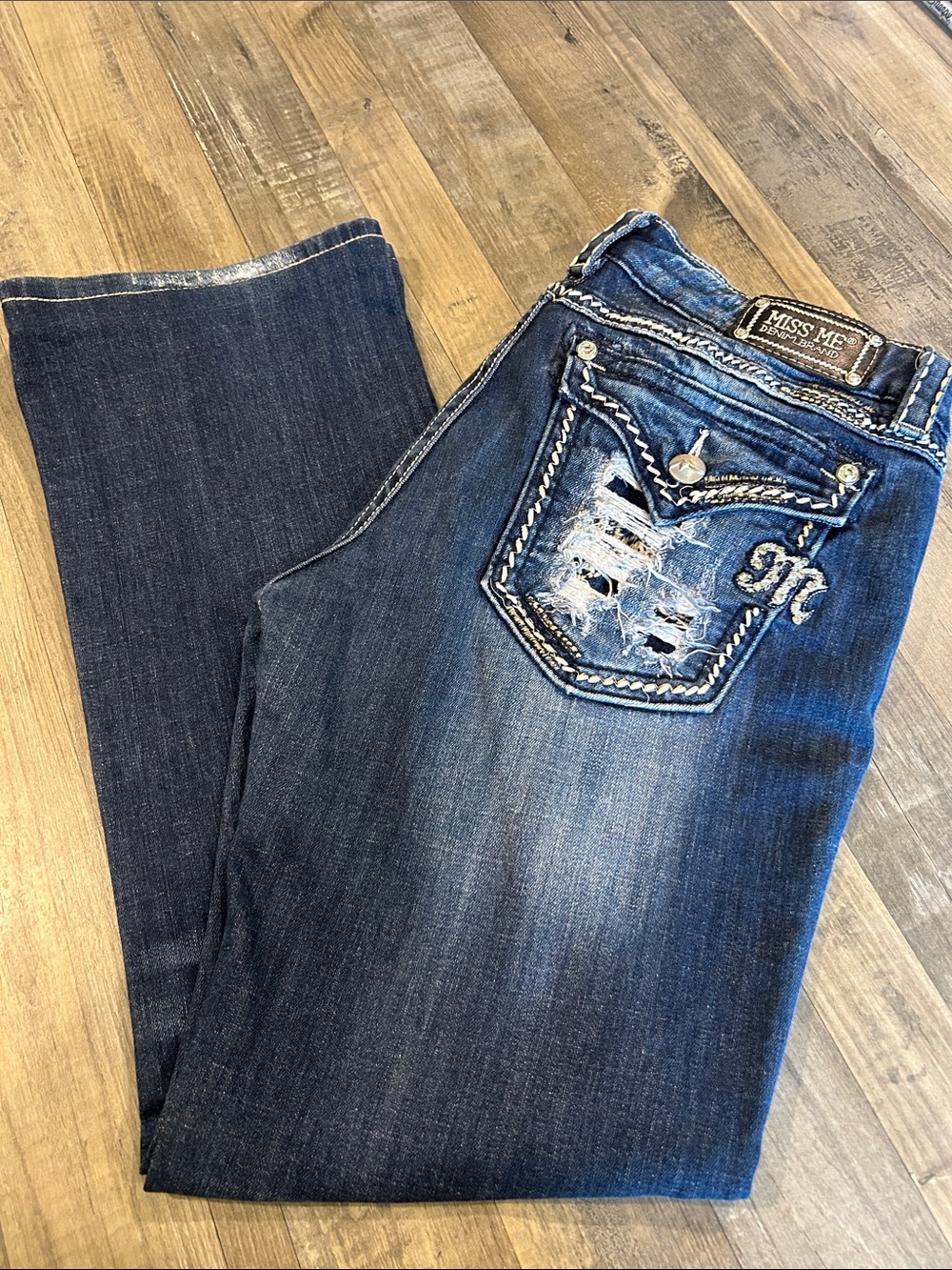 Miss Me Blue Distressed Boot Cut Jeans with Embroidered Pocket